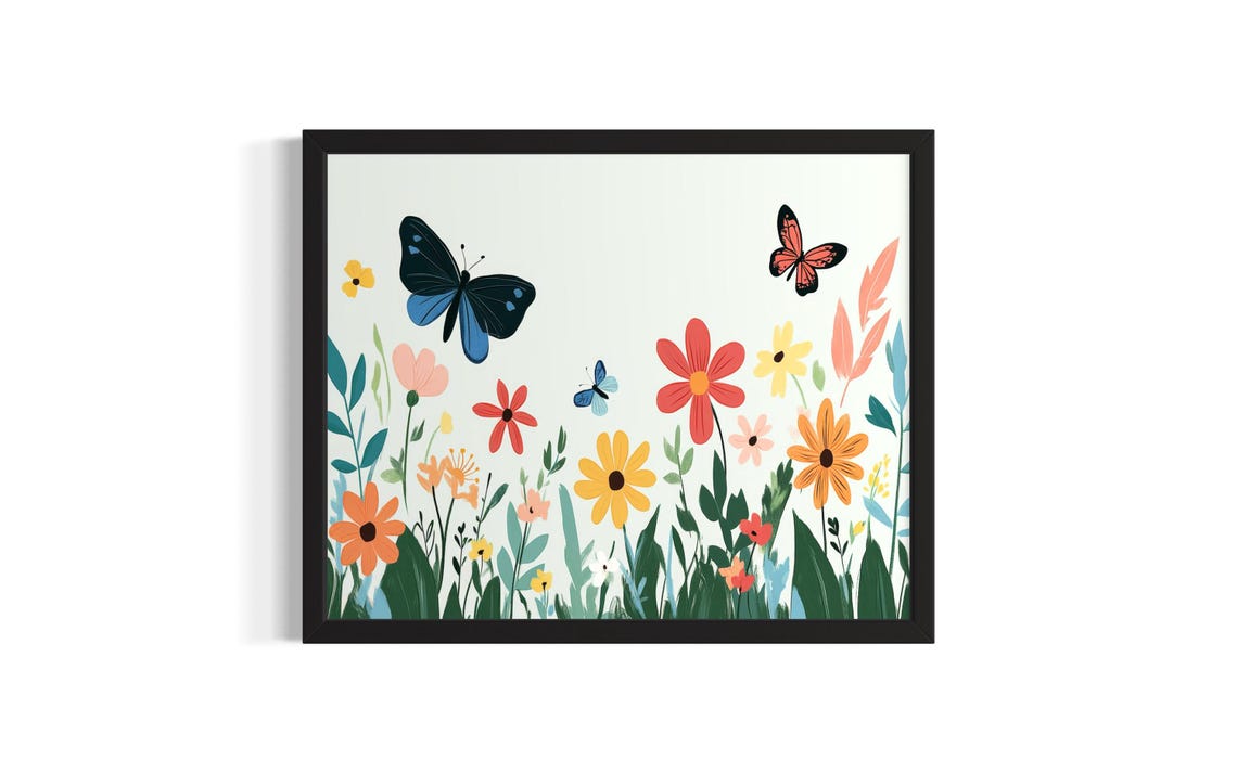 Butterflies and Wildflowers Spring Meadow Illustration Poster