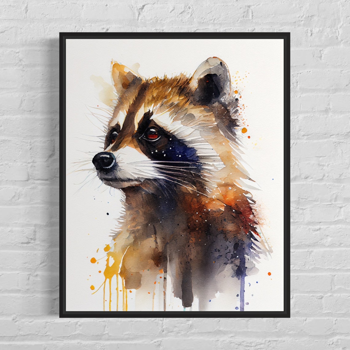 Raccoon Close Up Portrait Golden Splash Watercolor Animal Poster