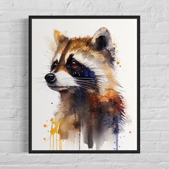 Raccoon Close Up Portrait Golden Splash Watercolor Animal Poster