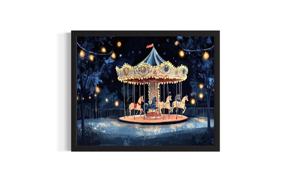 Glowing Carousel at Night Carnival Lights Illustration Poster