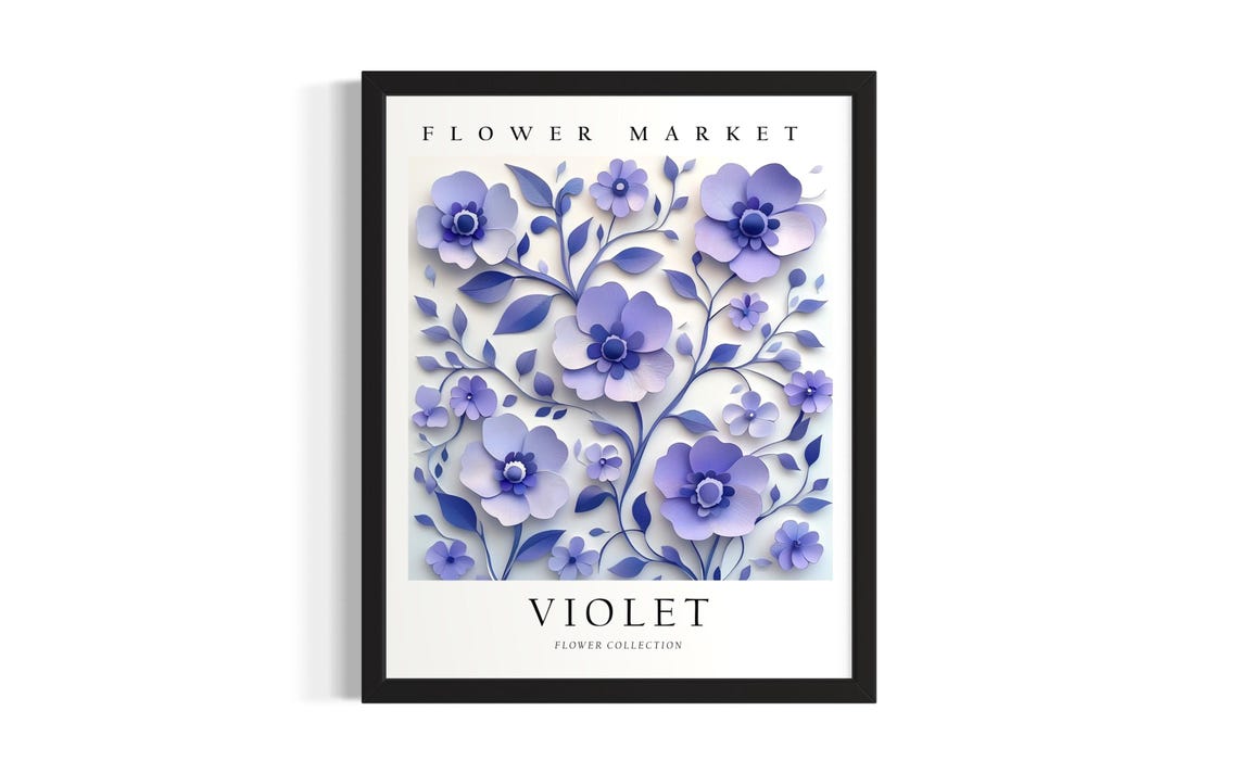 Violet Flower Market 3D Paper Cut Blue Floral Botanical Art Poster