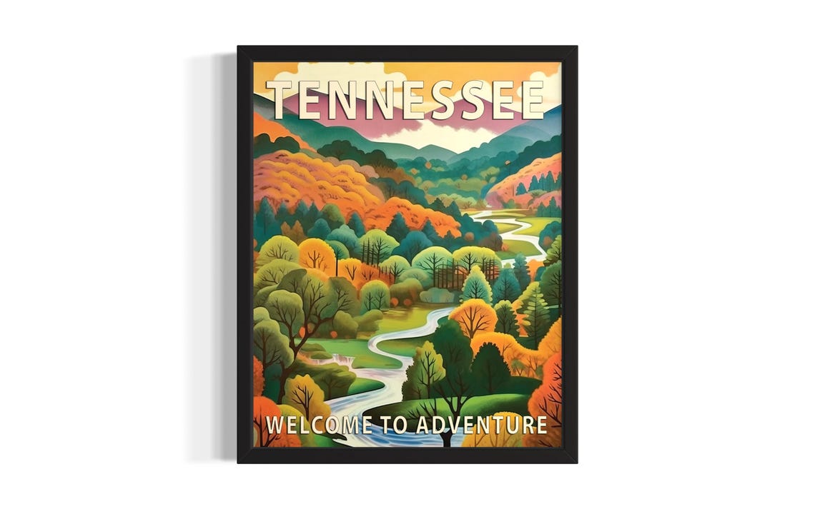Tennessee Welcome to Adventure Autumn River Valley Art Poster