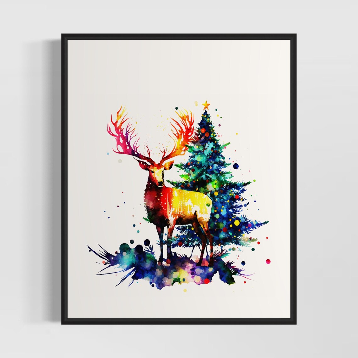 Colorful Reindeer And Christmas Tree Watercolor Holiday Art Poster