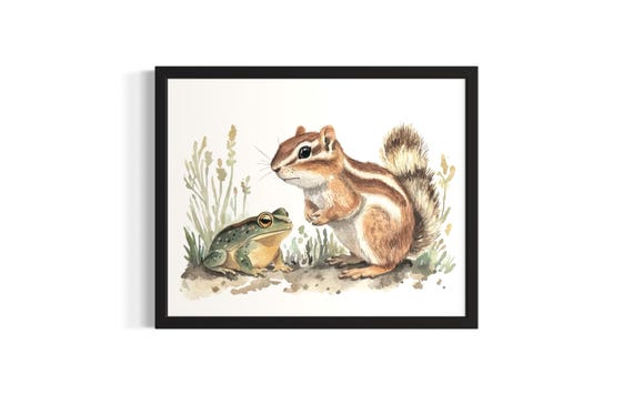 Chipmunk And Toad Animal In Harmony Forest Wildlife Poster Art Print Living Room Wall Original Painting Artwork Decor
