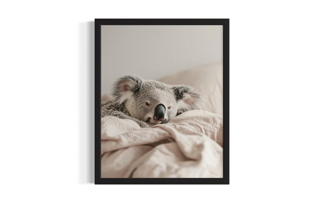 Adorable Sleepy Koala Resting on Cozy Bed Photography Poster