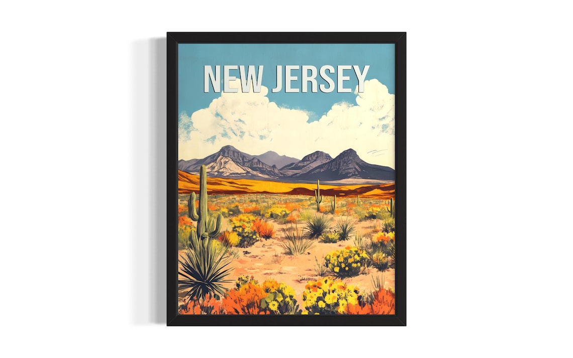 New Jersey Saguaro Cactus Desert Wildflowers Retro Travel Poster