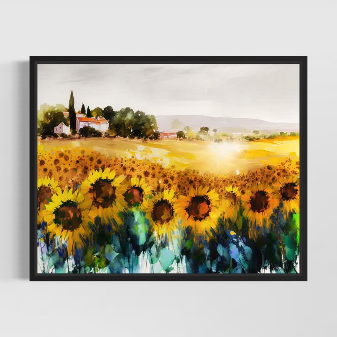 Sunflower Field and Village House Under Summer Sky Watercolor Poster