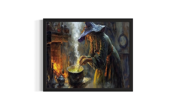 Witch Brewing Potion Cauldron Dark Gothic Halloween Art Poster