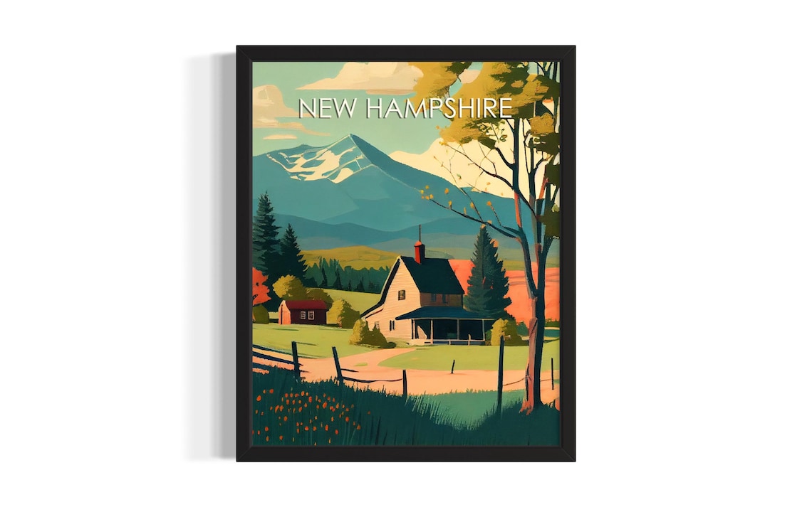 New Hampshire Farmhouse Snow Capped Peak Vintage Travel Poster