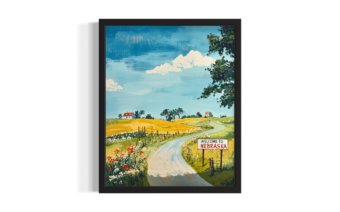 Welcome To Nebraska Sign Country Road Wildflowers Vintage Poster Style