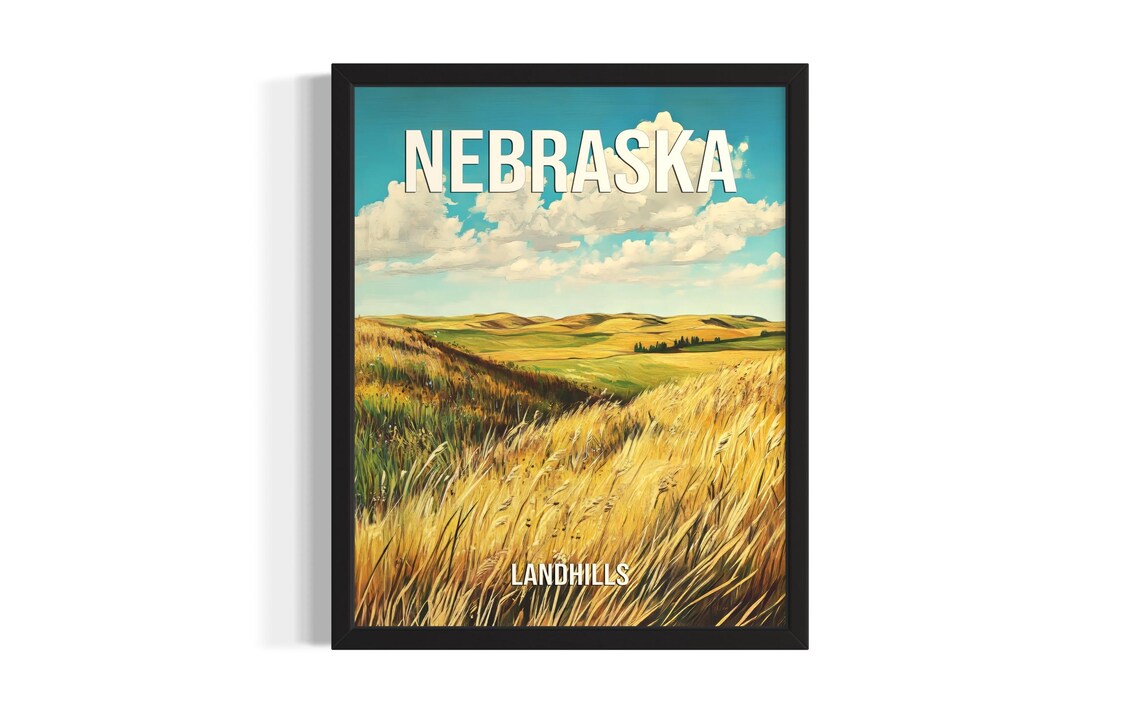 Nebraska Sandhills Vintage Travel Poster Golden Grass Hills Landscape