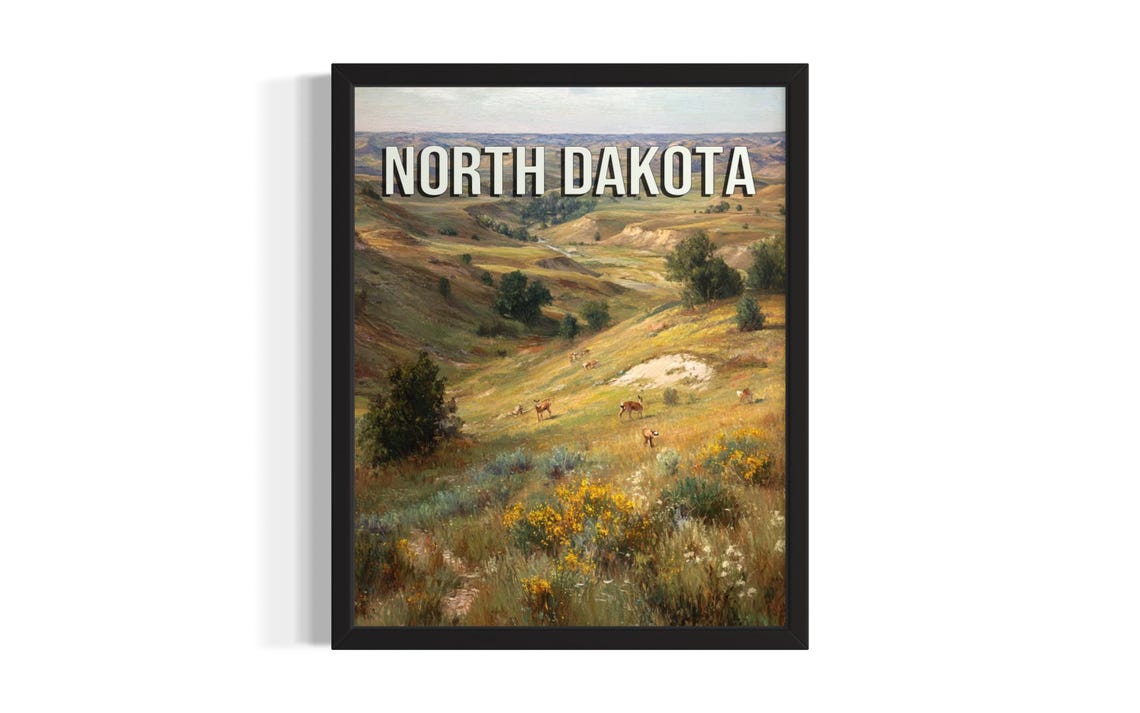 North Dakota Rolling Hills Deer Wildflowers Nature Painting Poster