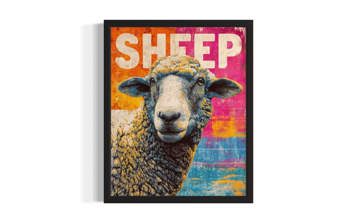 Sheep Curly Wool Portrait Colorful Pop Art Farm Animal Poster