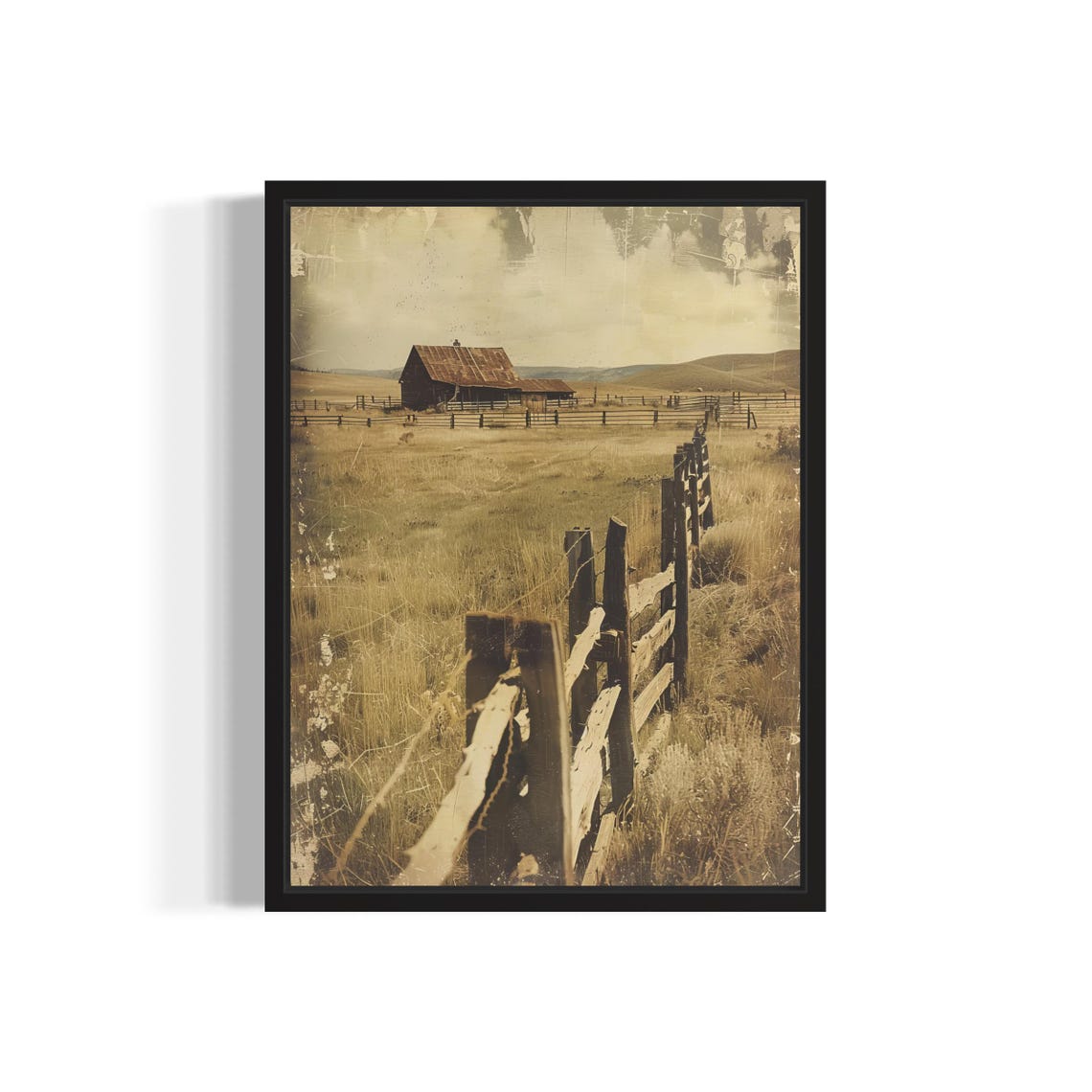 Cattle Ranch Red Barn and Wooden Fence Sepia Farm Scene Poster