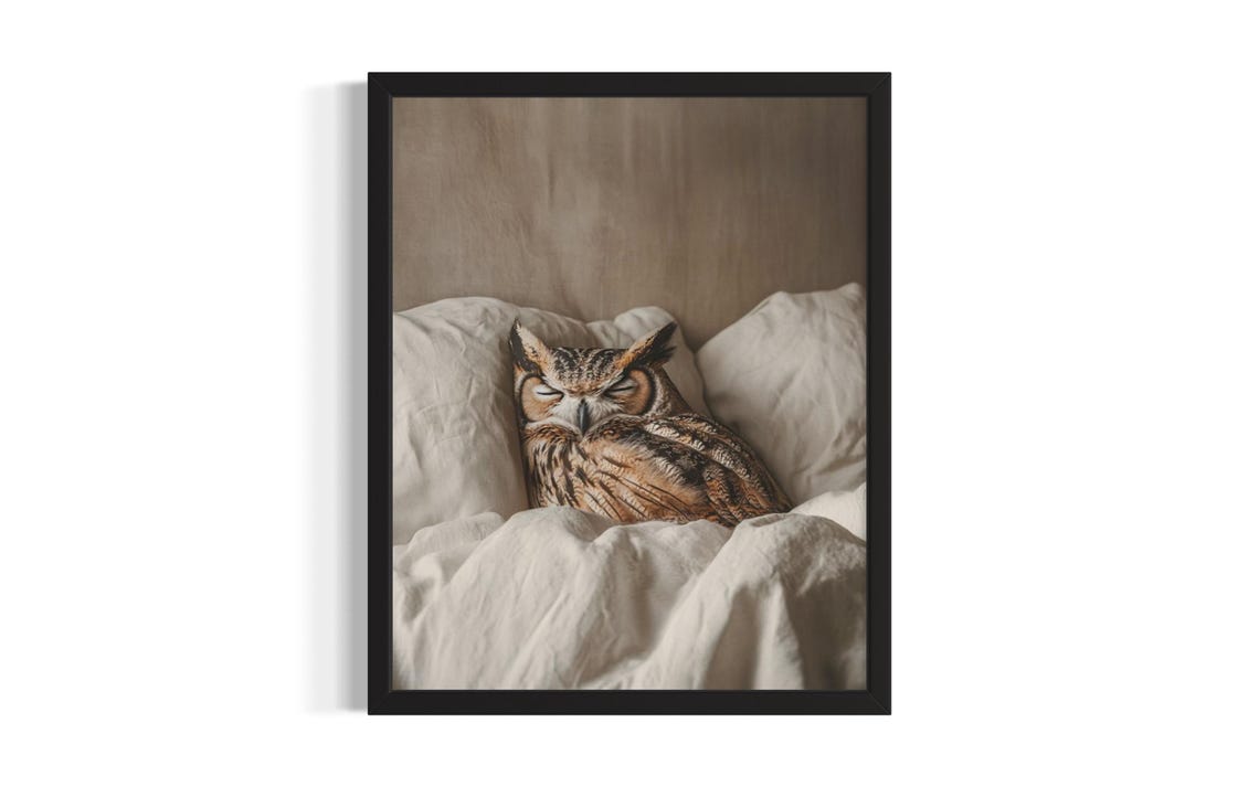 Sleeping Owl Tucked Into Warm Taupe Bedding in a Cozy Nook Poster