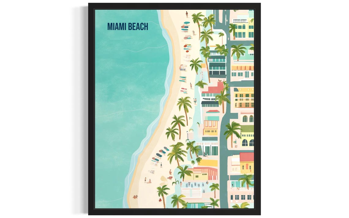 Miami Beach Ocean Drive Aerial With Palms Retro Florida Travel Poster