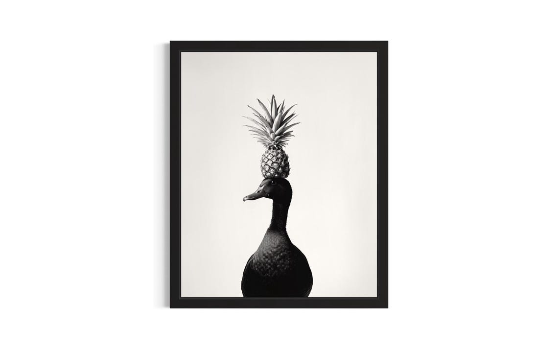 Duck Pineapple Hat Black and White Funny Animal Portrait Poster