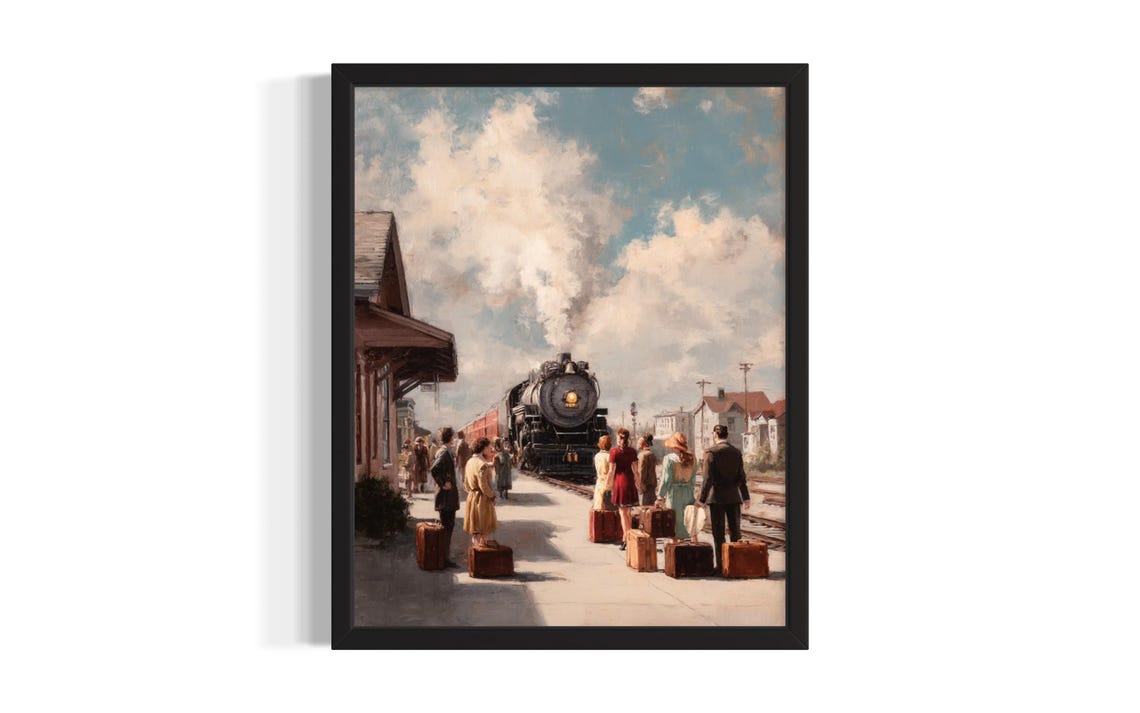 Vintage Steam Train Arriving At Small Town Station Nostalgic Poster