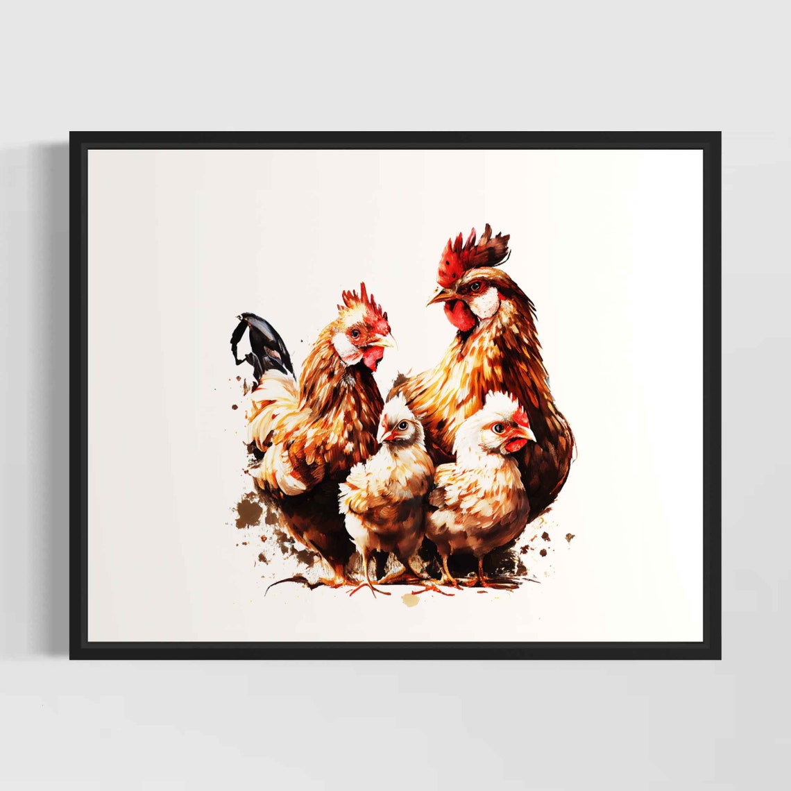 Chicken Family With Rooster Hens and Chicks Watercolor Poster