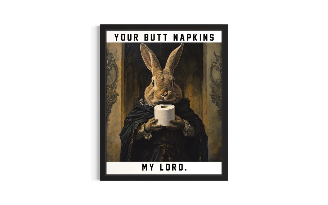 Rabbit Butt Napkins Animals Poster Art Print Restroom Wall Original Painting Artwork Decor
