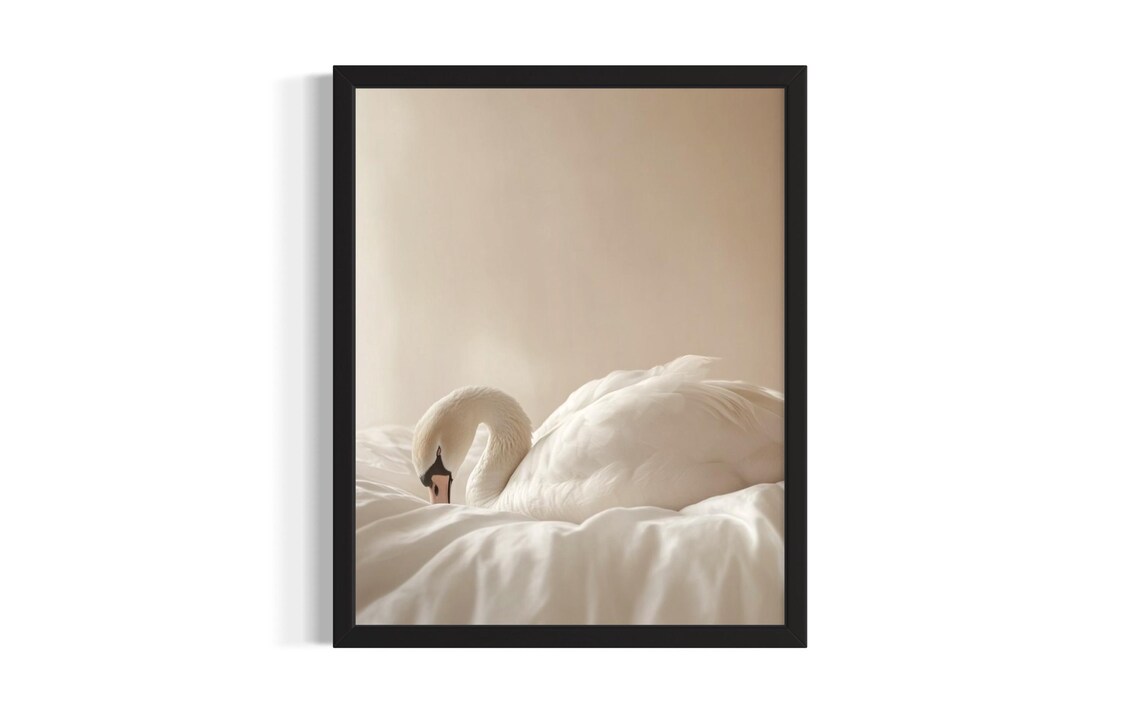 White Swan Sleeping in Cream Linen in a Soft Minimal Setting Poster
