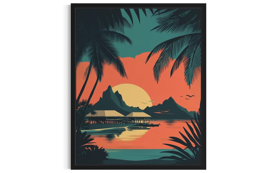 Tropical Sunset Overwater Bungalow Palm Island Paradise Art Poster