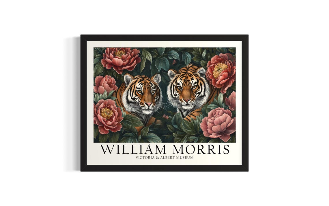Two Tigers Among Red Peonies William Morris Inspired Art Poster