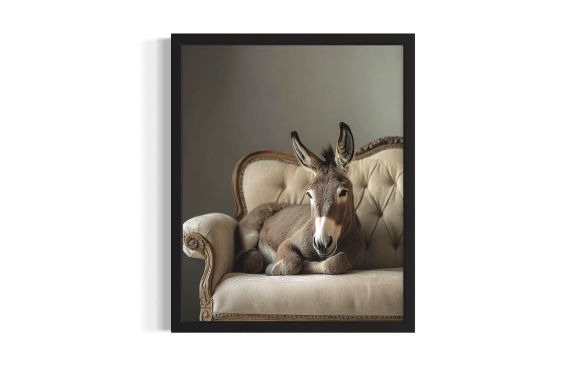 Adorable Donkey Relaxing on Tufted Cream Chaise Vintage Poster