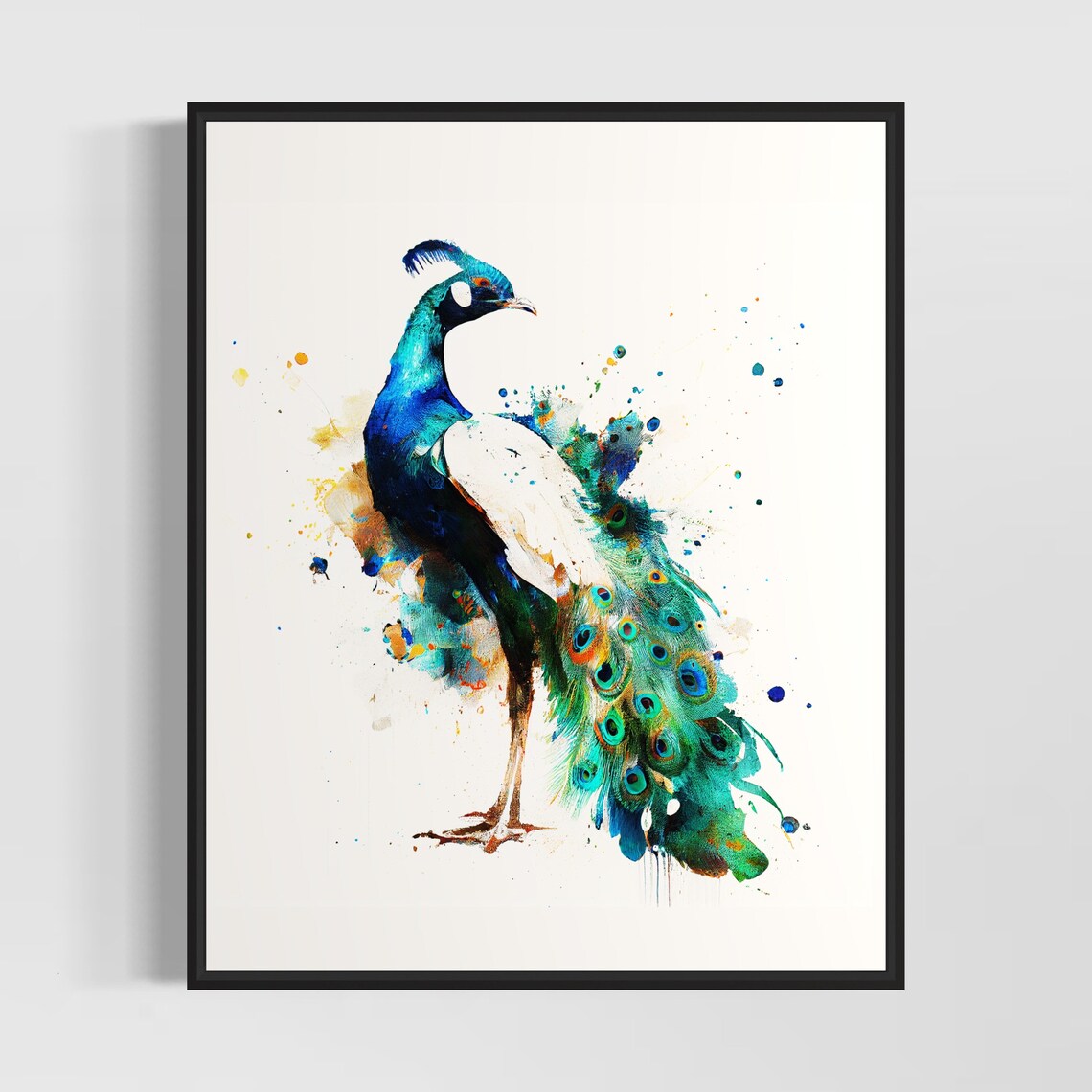 Elegant Peacock Displaying Iridescent Plumage Watercolor Bird Poster