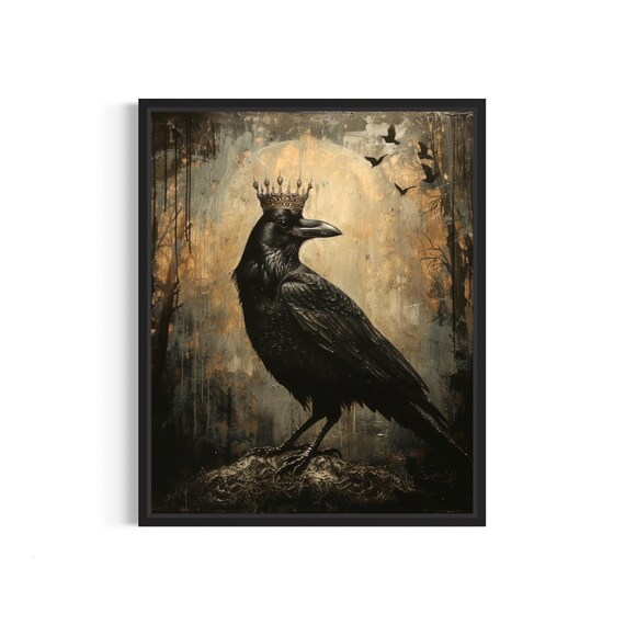 Crowned Raven in Dark Gothic Forest with Golden Moon Fantasy Poster