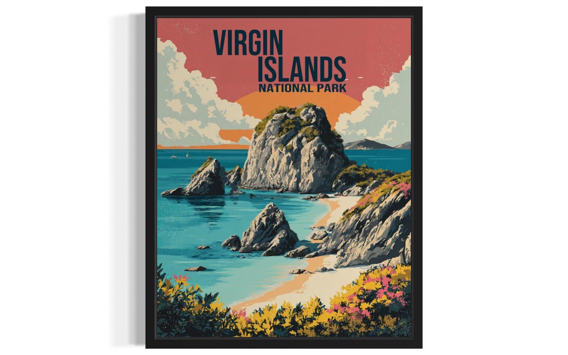 Virgin Islands National Park Rocky Coast and Beach Vintage Poster