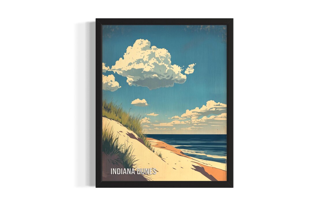 Indiana Dunes Beach Sand Dunes Lake Shoreline Retro Travel Poster