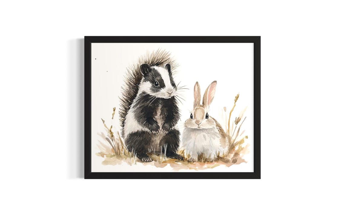 Skunk and Rabbit Sitting Together in Grass Watercolor Poster