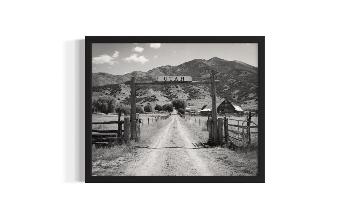Utah Ranch Gate Dirt Road Mountains Black And White Photo Poster