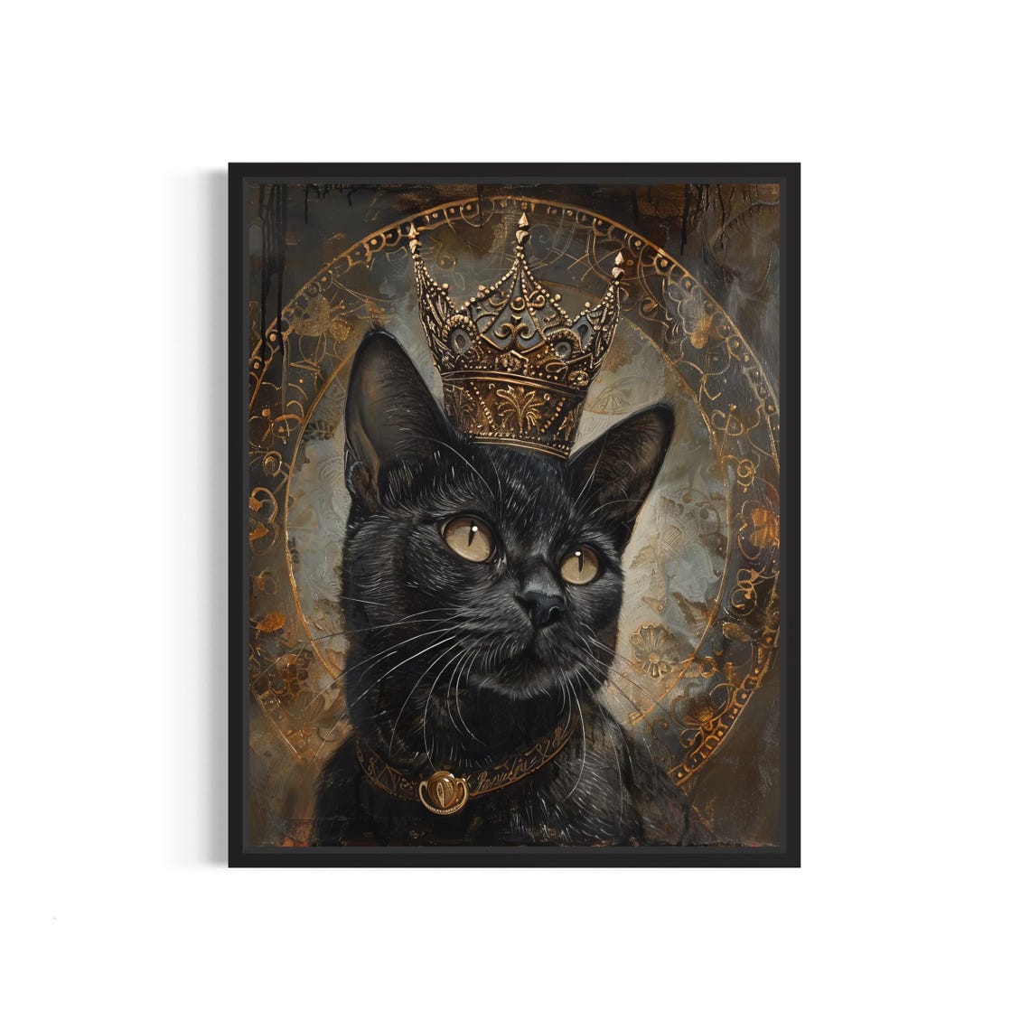 Black Cat Wearing Golden Crown Gothic Royal Pet Portrait Poster