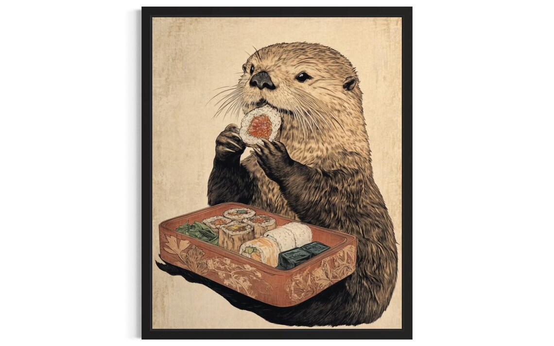 Sea Otter Animal Kitchen Sushi Poster Art Print Wall Original Painting Artwork Decor
