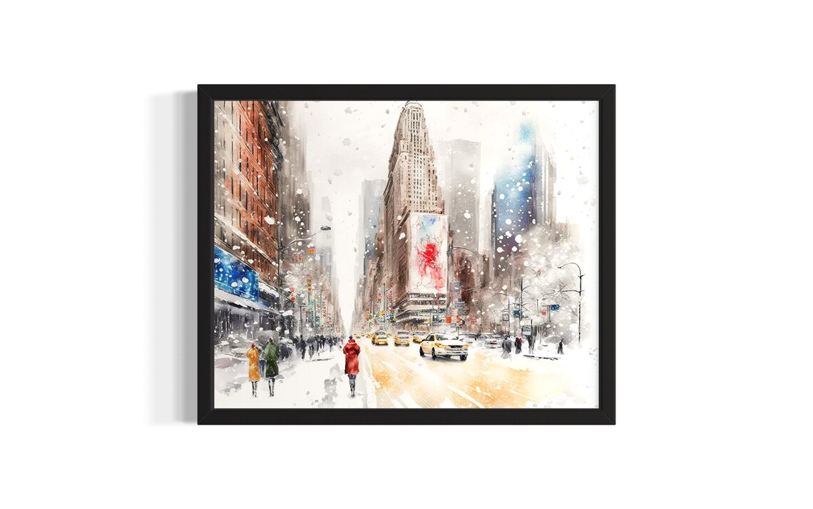 New York Winter Snow Street Scene Taxis Watercolor City Poster