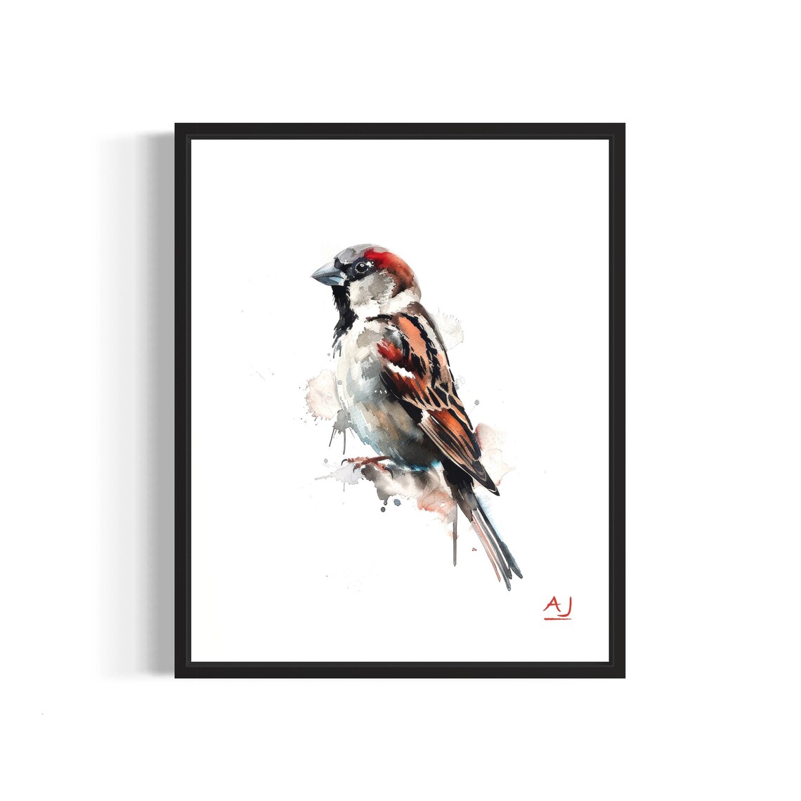 Cheerful Male House Sparrow on a Branch Watercolor Songbird Art Poster