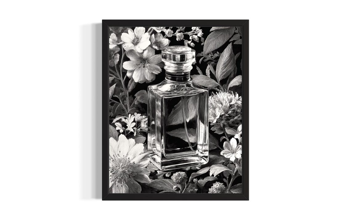 Black and White Perfume Bottle Botanical Flower Photography Poster