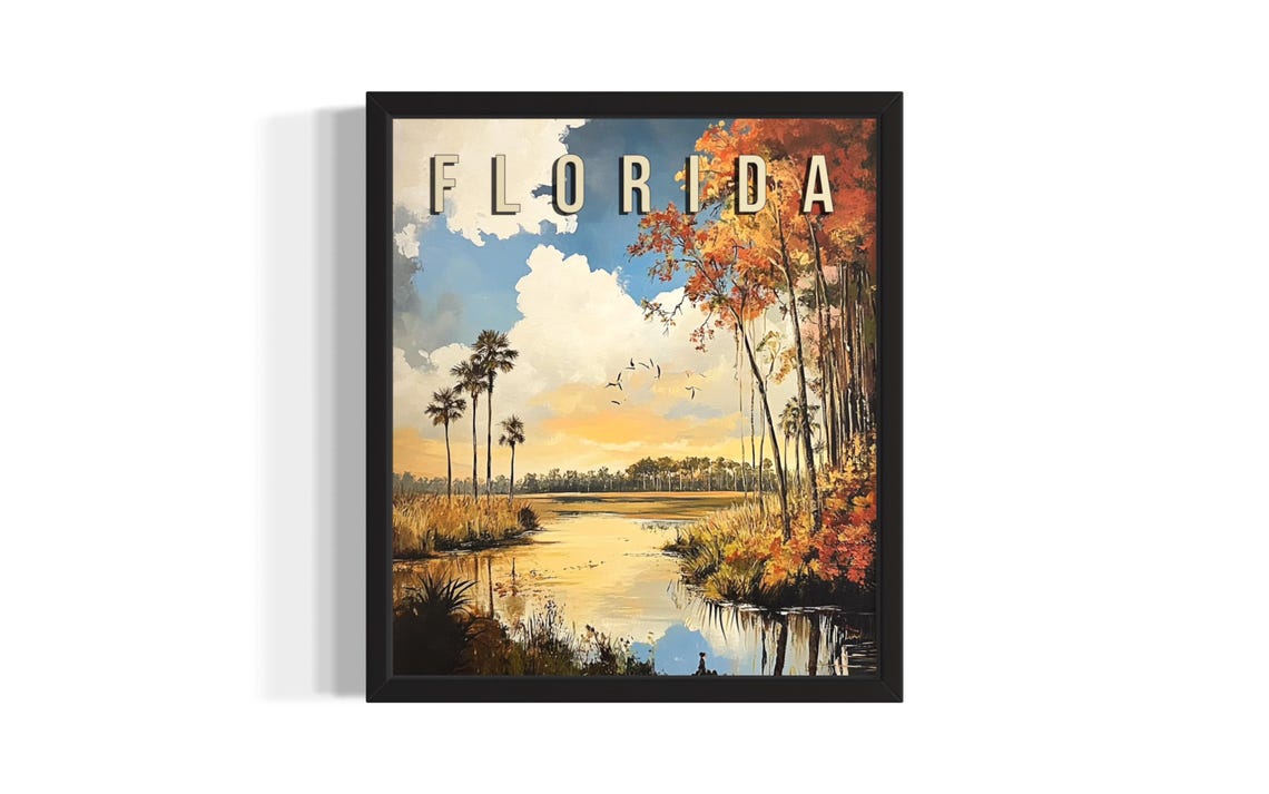 Florida Autumn River Palms Golden Sunset Vintage Travel Poster
