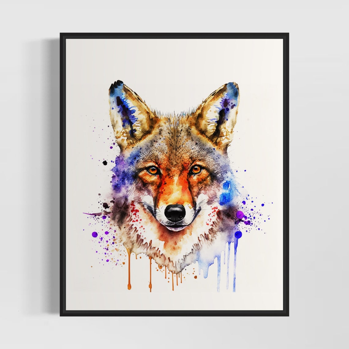 Jackal Front Facing Portrait Amber Eyes Watercolor Wildlife Poster