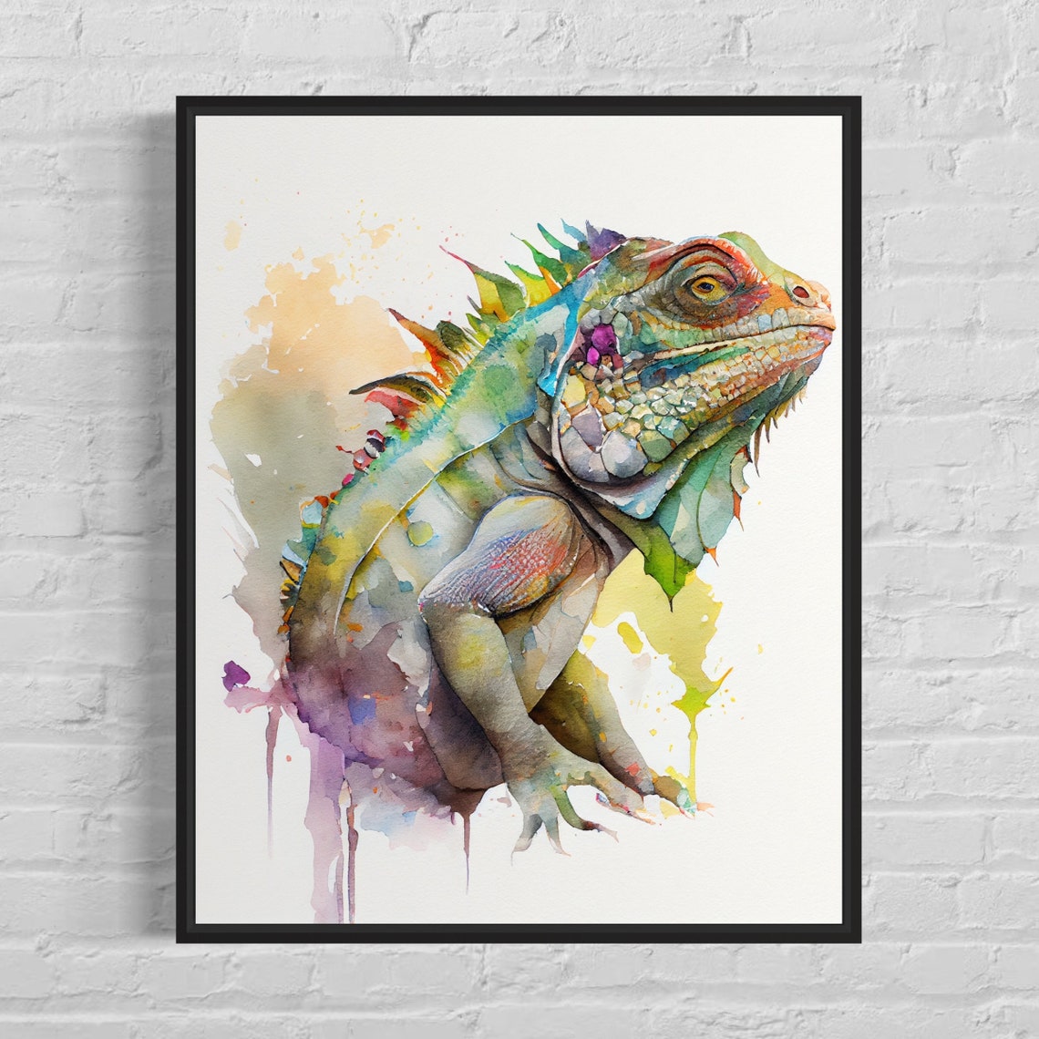 Green Iguana Reptile Portrait Rainbow Splash Watercolor Art Poster