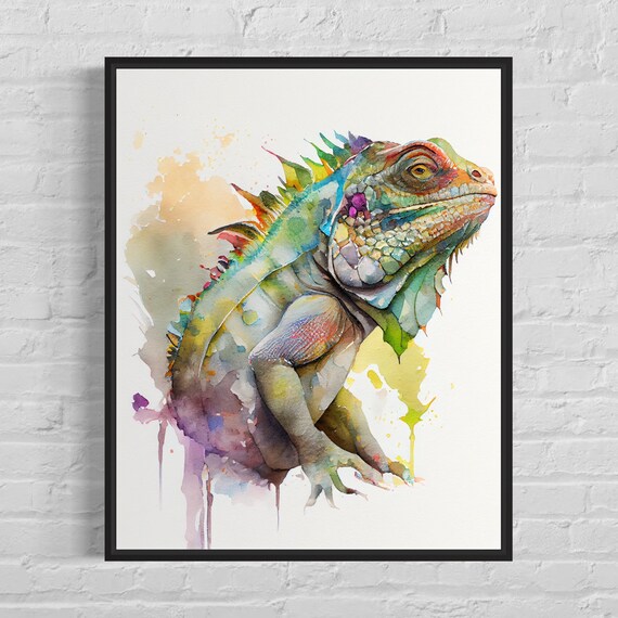 Green Iguana Reptile Portrait Rainbow Splash Watercolor Art Poster
