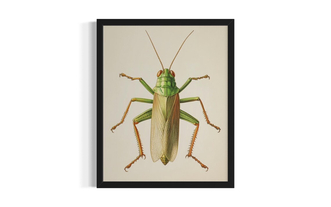 Green Grasshopper Botanical Illustration Vintage Natural History Poster