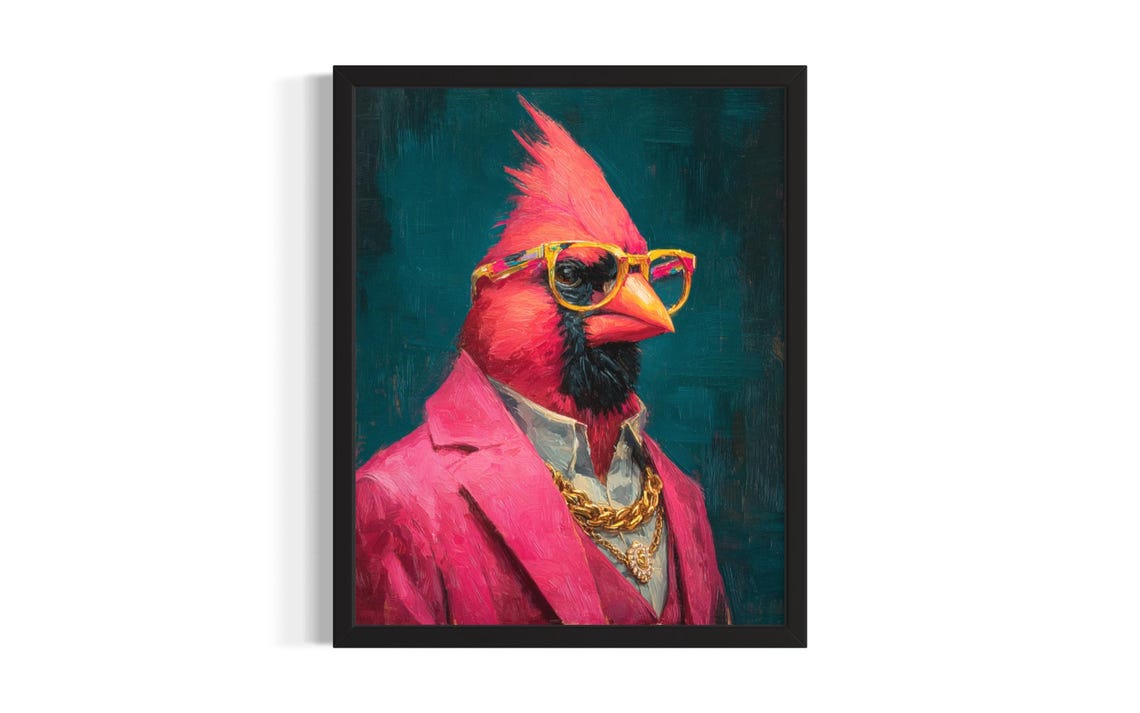 Whimsical Dapper Red Cardinal Bird Suit Glasses Portrait Funny Poster