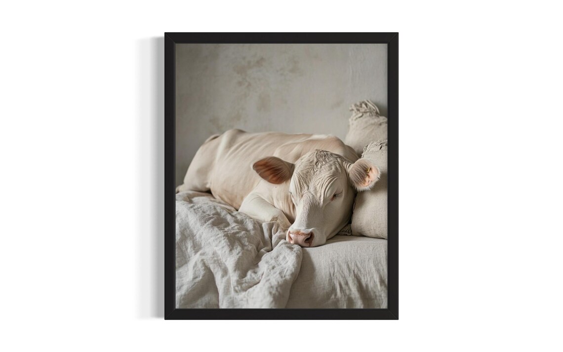 White Cow Lying on a Bed in Soft Neutral Tones Farmhouse Poster