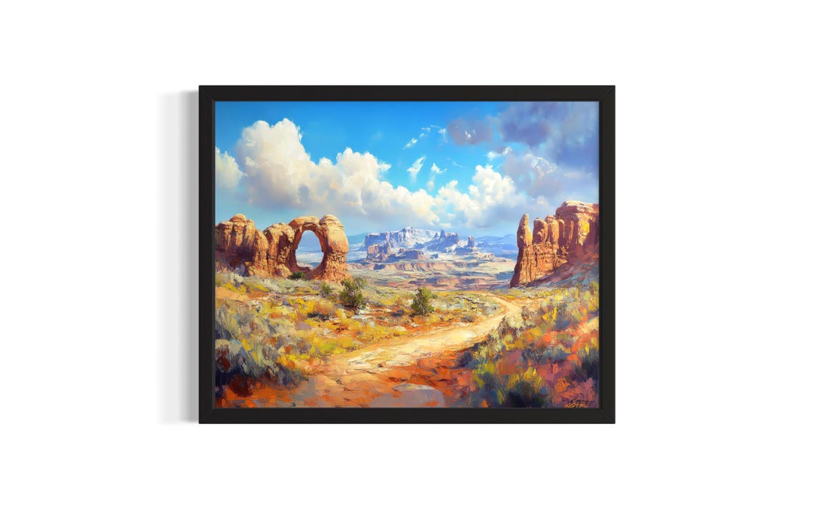 Desert Stone Arch with Red Rocks and Trail Southwest Art Poster