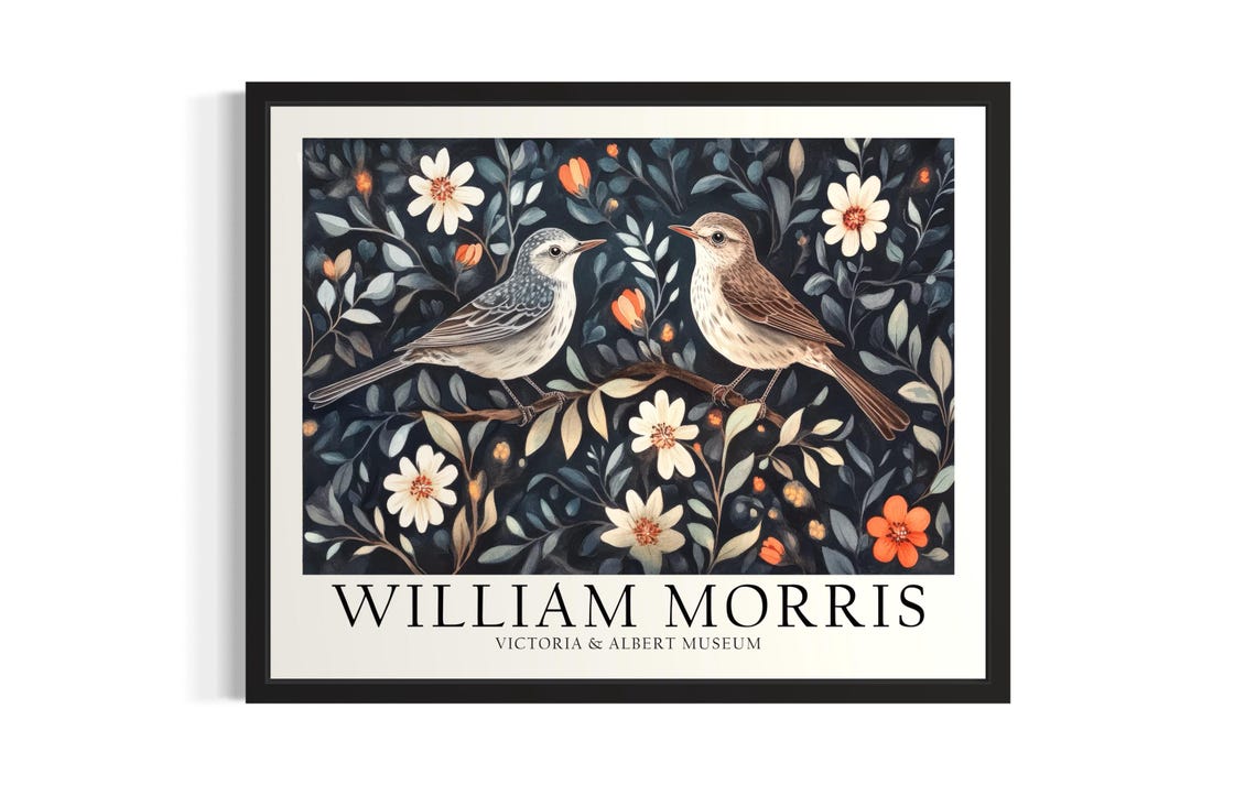 William Morris Mockingbirds Floral Pair Vintage Garden Poster