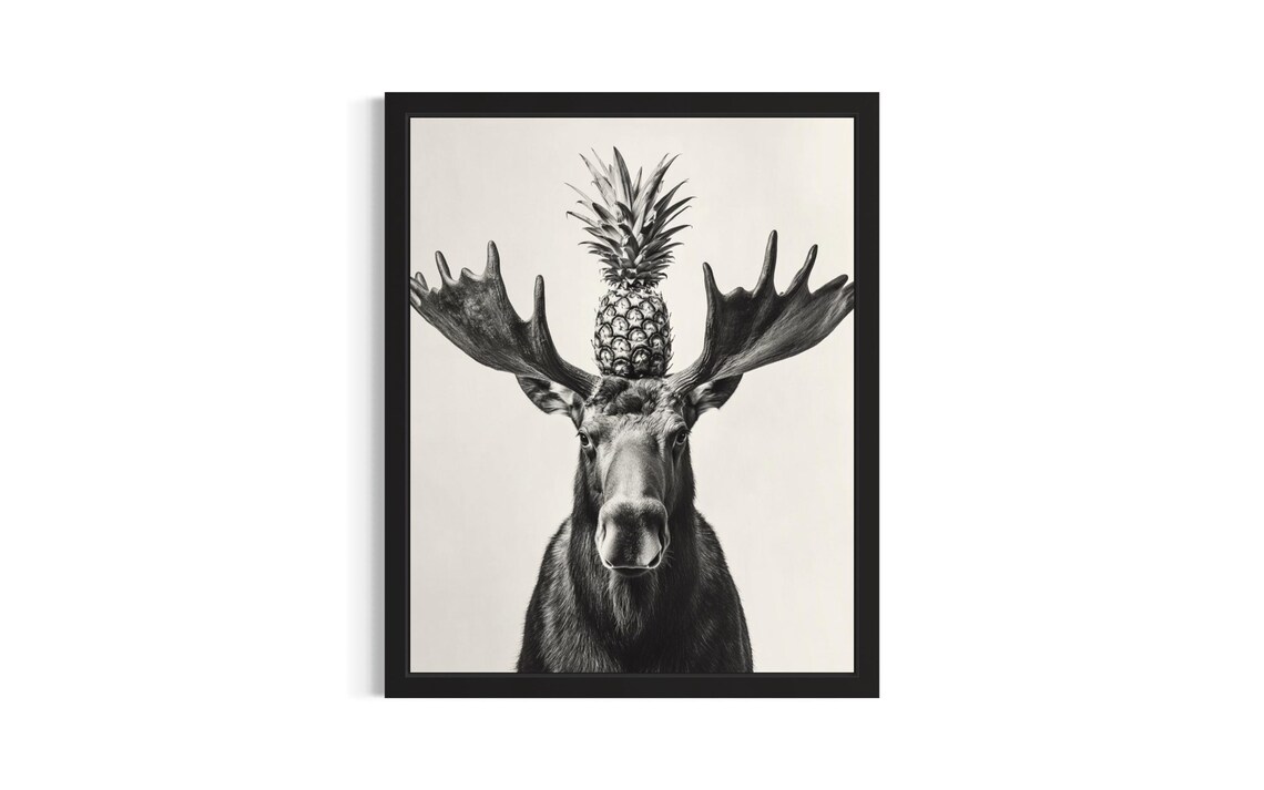 Moose Pineapple Hat Black and White Funny Animal Portrait Poster