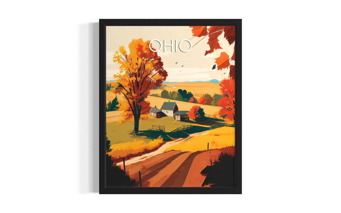 Ohio Retro Autumn Farm Red Barn Harvest Season Travel Poster